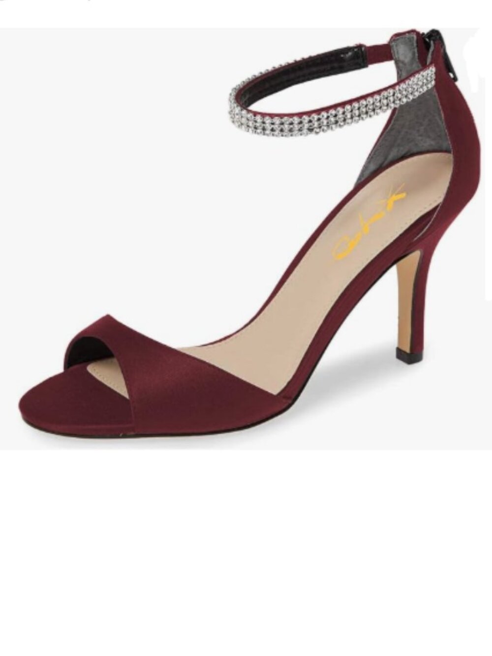XYD Burgundy Open Toe Rhinestones Ankle Strap Sandals Mid Heel Bridal Shoes